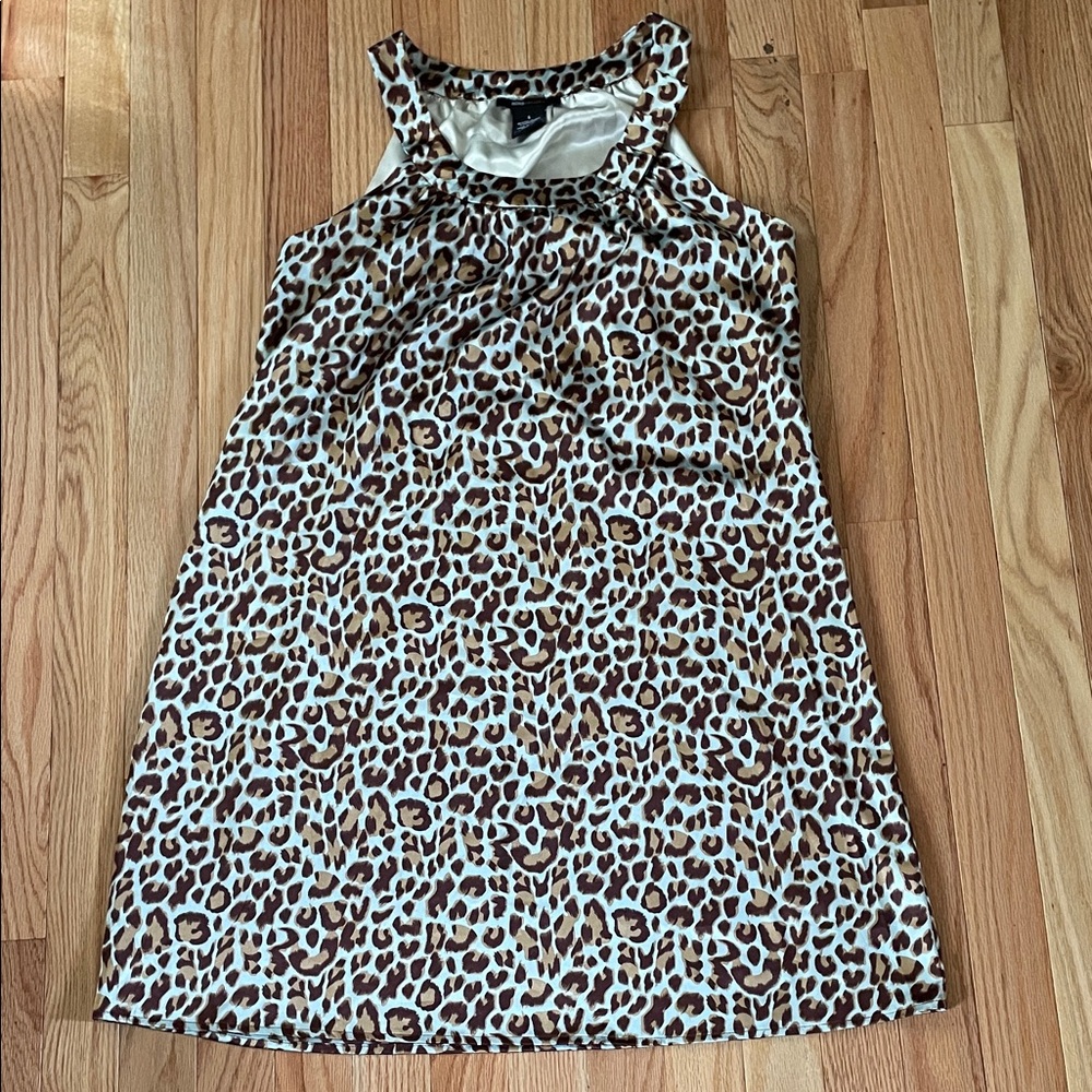 BCBGMaxAzria Shift Mini Dress Womens Small Brown Blue Leopard Print Satin Y2K